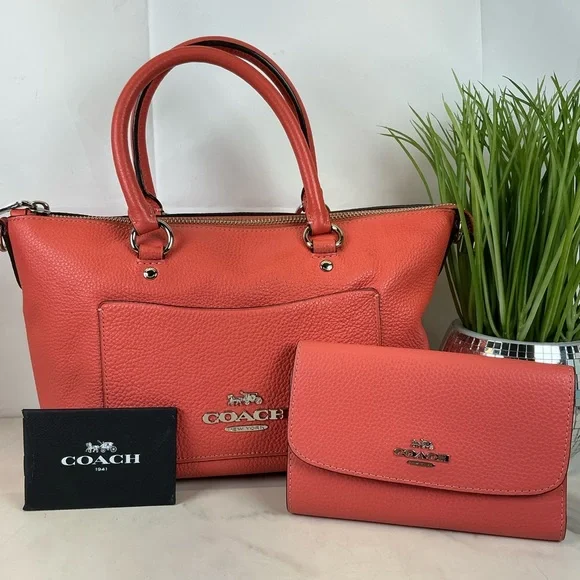 Coach Mini Emma Pink Coral Leather Satchel and Wallet Set - Picture 2 of 14